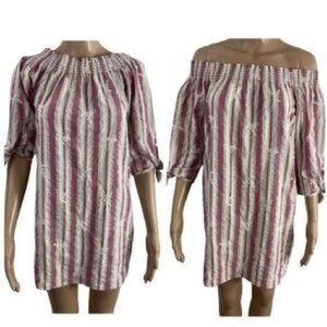 Everly Off Shoulder Striped Embroidered Above Knee Dress Size Medium 100% cotton